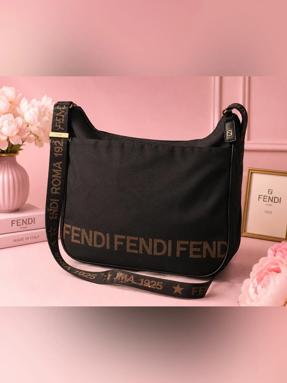 Vintage Fendi Roma 1925 Black Nylon Messenger Crossbody Bag